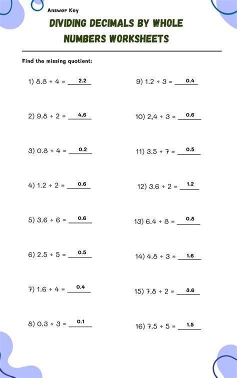 Dividing Decimals Worksheet With Answers Doc