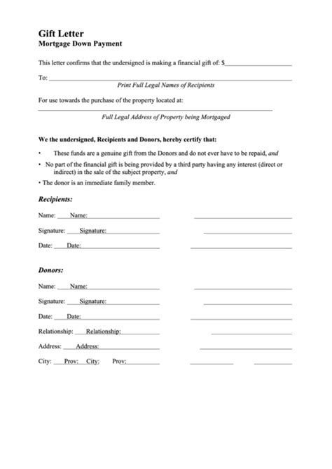 Down Payment Gift Letter Template