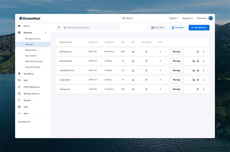 DreamHost control panel interface for managing websites