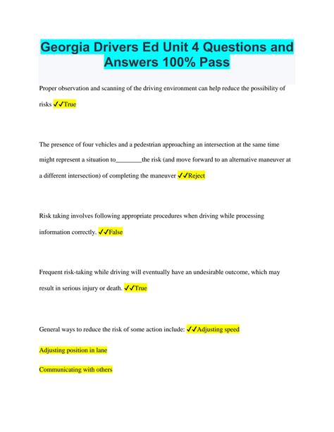 Drivers Ed Unit 4 Test Answers Reader