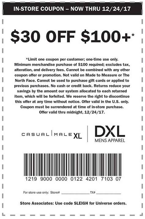 Dxl Coupons 30 Off $100 Printable