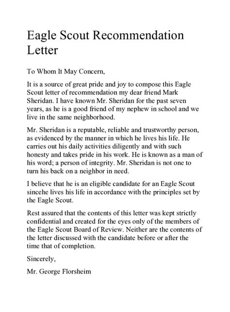 Eagle Scout Reference Letter Template
