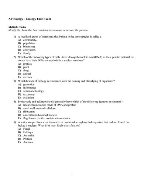 Ecology Unit 1 Test Answer Key PDF