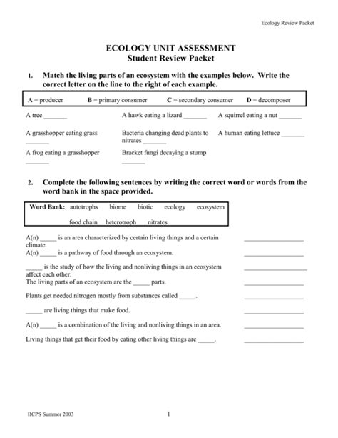 Ecology Unit Assessment Student Review Packet Answer Reader