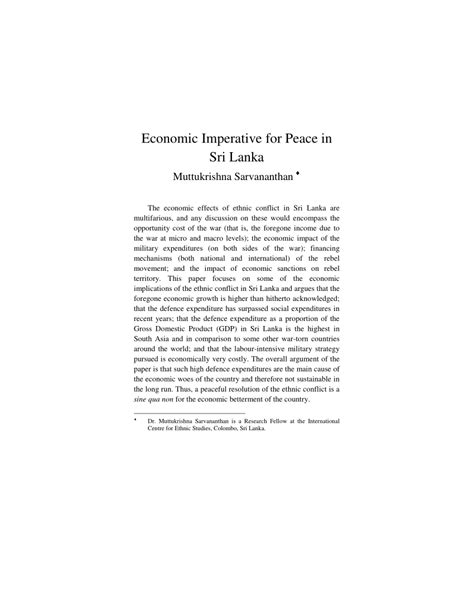 Economic Imperative for Peace in Sri Lanka Reader