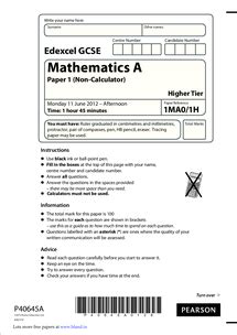 Edexcel Gcse Monday 11 June 2012 Non Calculator Past Paper Answers Reader