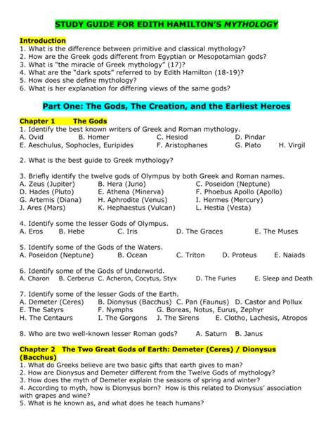 Edith Hamilton Mythology Study Questions And Answers Doc