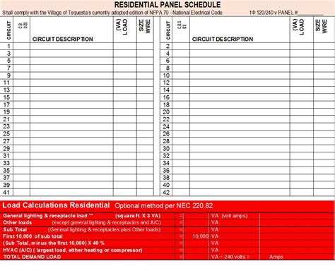 Electric Panel Schedule Template