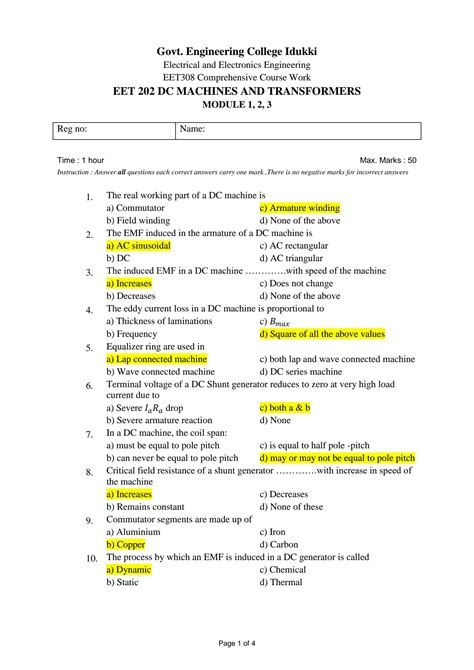 Electrical Machines Transformers Question Paper And Answers Doc