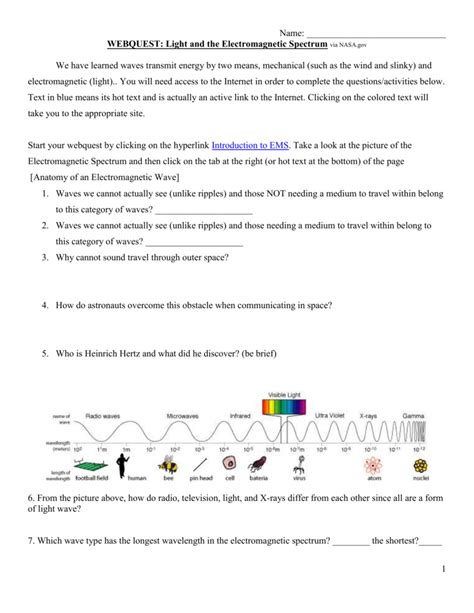 Electromagnetic Spectrum And Light Webquest Answers Reader