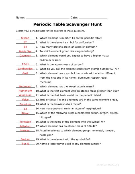 Element Scavenger Hunt Answer Key Epub