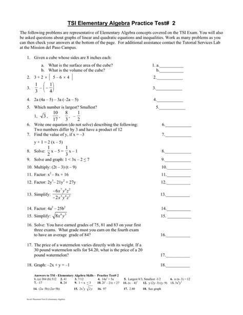 Elementary Algebra Practice Test With Answers Kindle Editon