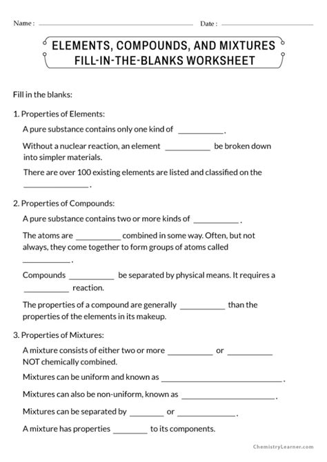 Elements, Compounds, and Mixtures: A Comprehensive Worksheet