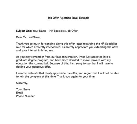 Email Template For Declining A Job Offer
