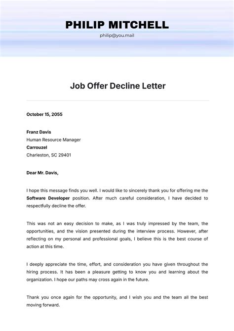 Email Template To Decline Job Offer