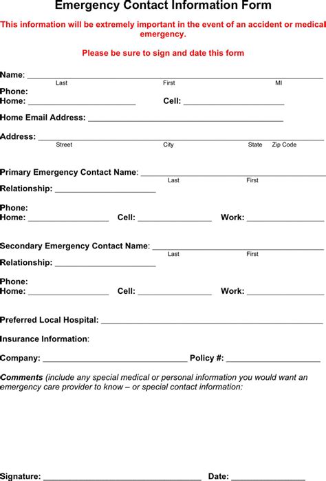 Emergency Contact Printable Form