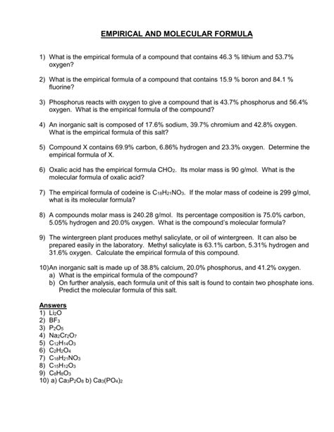 Empirical Formula Practice Problems With Answers Doc