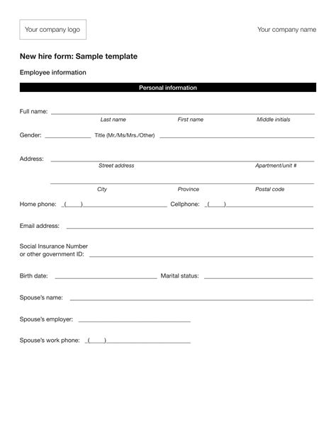 Employee Information Sheet For New Hires Printable