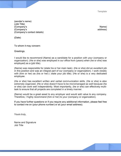 Employee Recommendation Letter Template