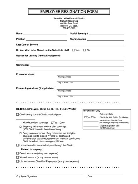 Employee Resignation Form Template