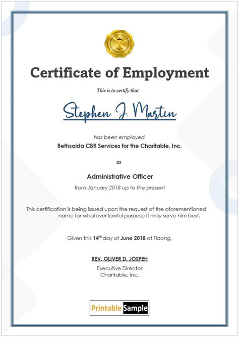 Employment Certificate Template Word