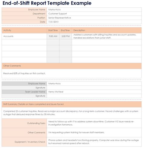 End Of Shift Report Template