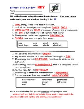 Energy And Chemical Vocabulary Review Answer Key Doc