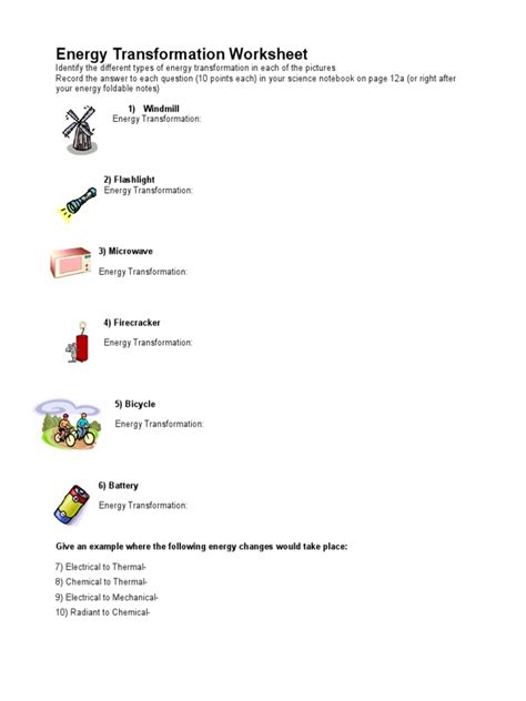 Energy Transformation Worksheet Answer Key PDF