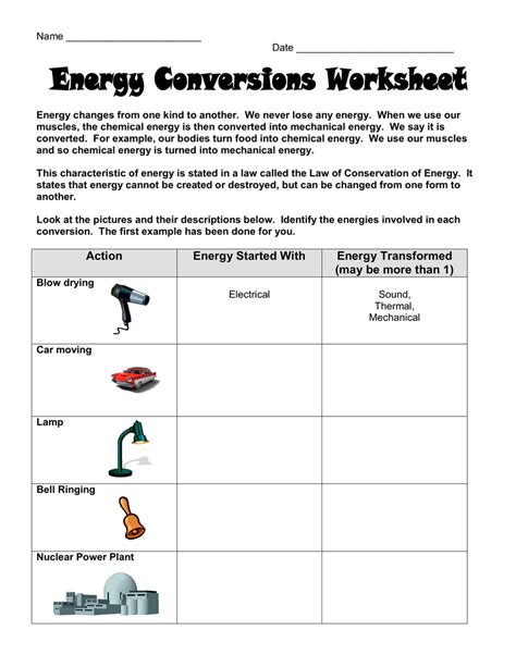 Energy Transformation Worksheet With Answers Doc