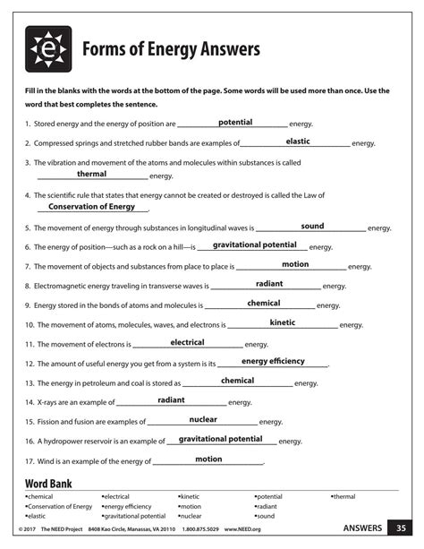 Energy Worksheet Answer Key Kindle Editon