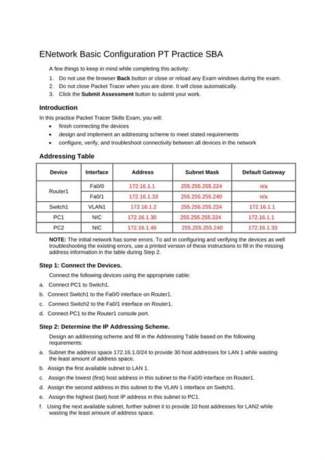 Enetwork Basic Configuration Pt Practice Sba Answers Doc