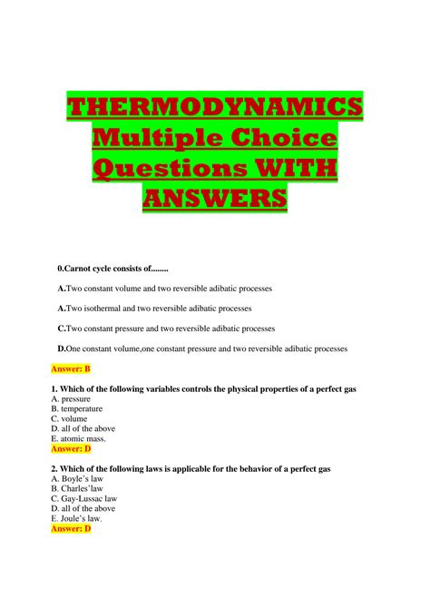 Engineering Thermodynamics Multiple Choice Questions And Answers Epub