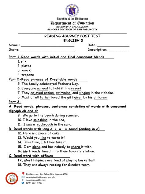 English 3 Post Test Answers PDF