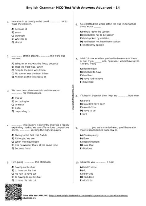 English Grammar And Language Mcqs With Answers Doc