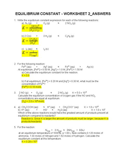 Equilibrium Calculations Worksheet With Answers PDF