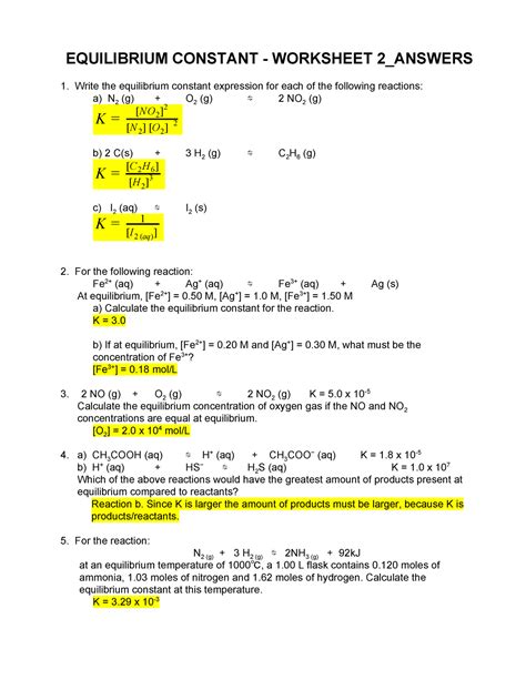 Equilibrium Worksheet With Answers Reader