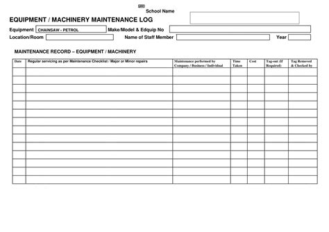 Equipment Maintenance Log Template