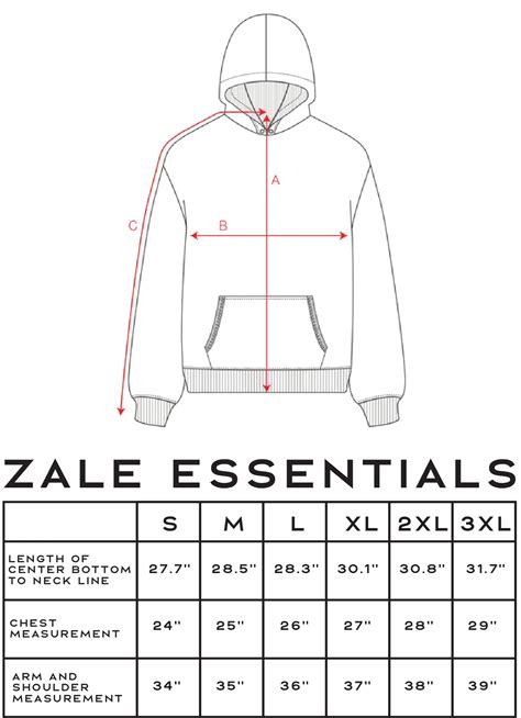 Essentials Hoodie Size Chart Inches