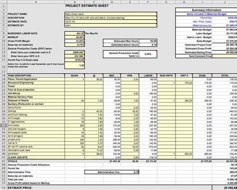 Estimating Spreadsheet Template