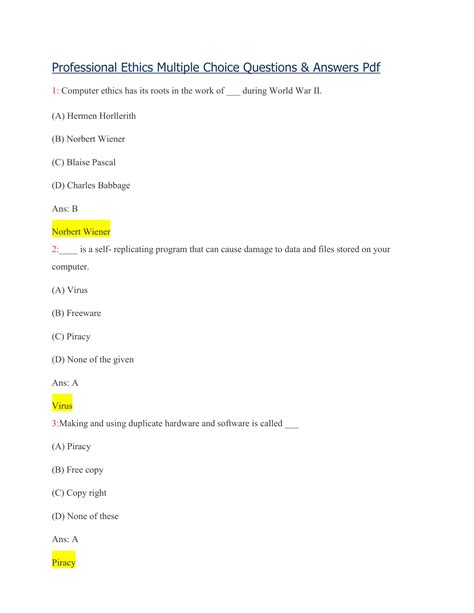 Ethics Multiple Choice Questions With Answers PDF
