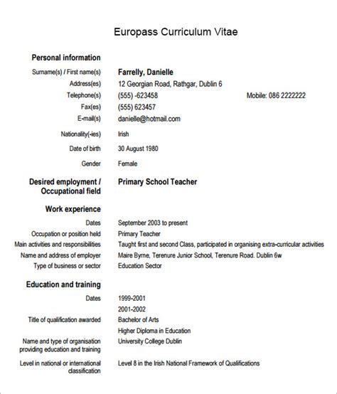 Europass Curriculum Vitae Template