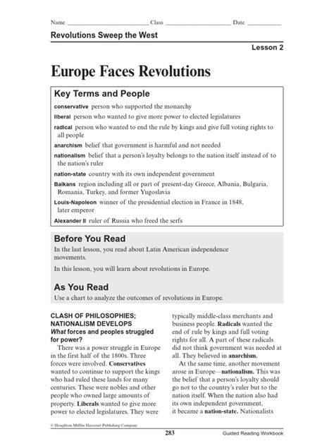 Europe Faces Revolutions Guided Answer Key Doc