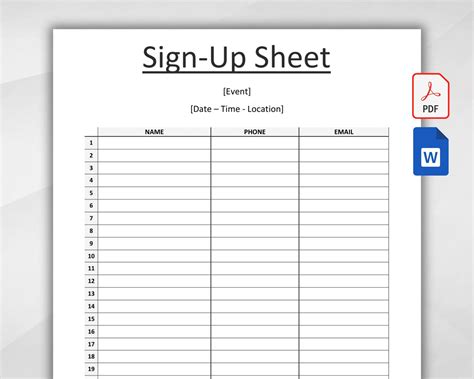 Event Sign Up Sheet Template Word