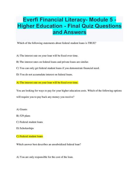 Everfi Financial Literacy Quiz Answers Doc