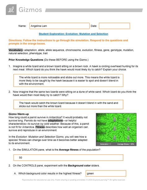 Evolution Mutation Selection Gizmo Answer Key Epub