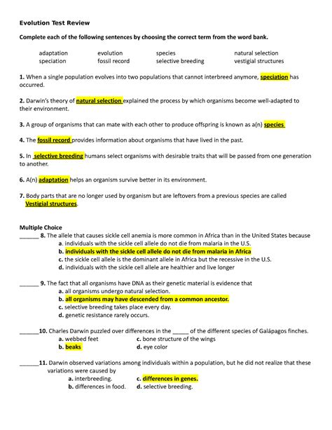 Evolution Of Populations Test Answer Key Pearson PDF