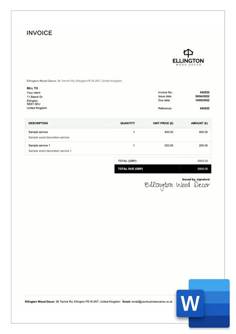 Example Invoice Template Uk