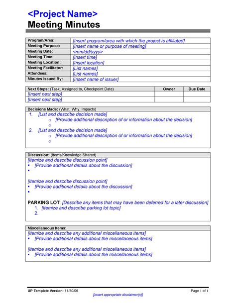 Example Of Meeting Minutes Template
