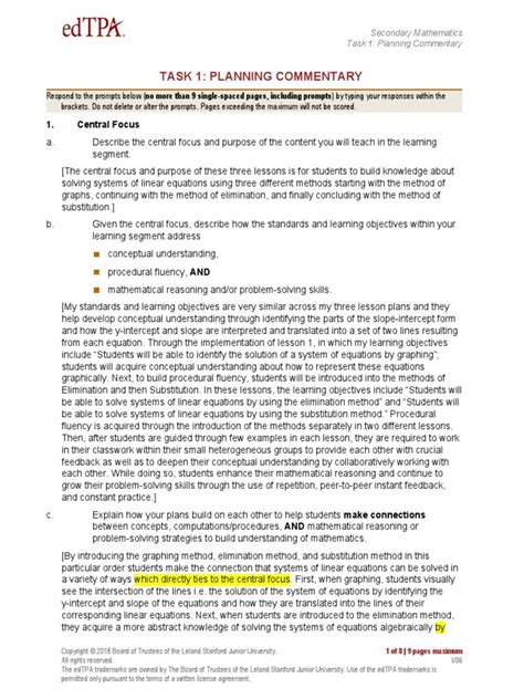 Example Secondary Math Planing Commentary Edtpa Ebook Doc