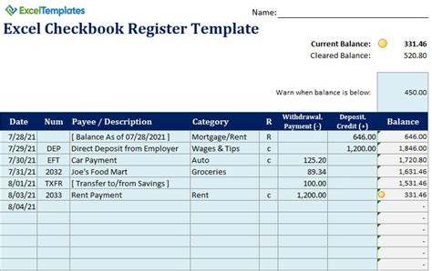 Excel Checkbook Register Template